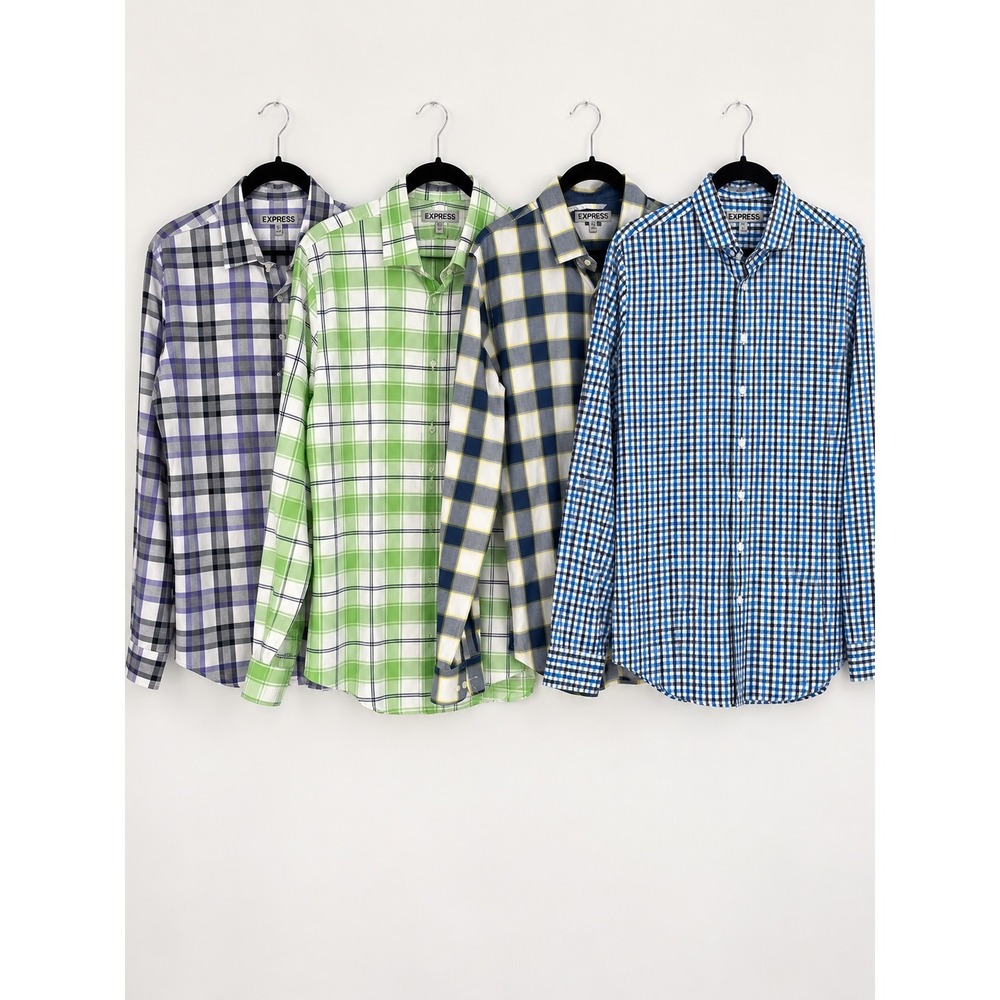 Express Button Down Shirt Mens S/M Lot of 4 Multi Plaid Gingham Fitted Preppy